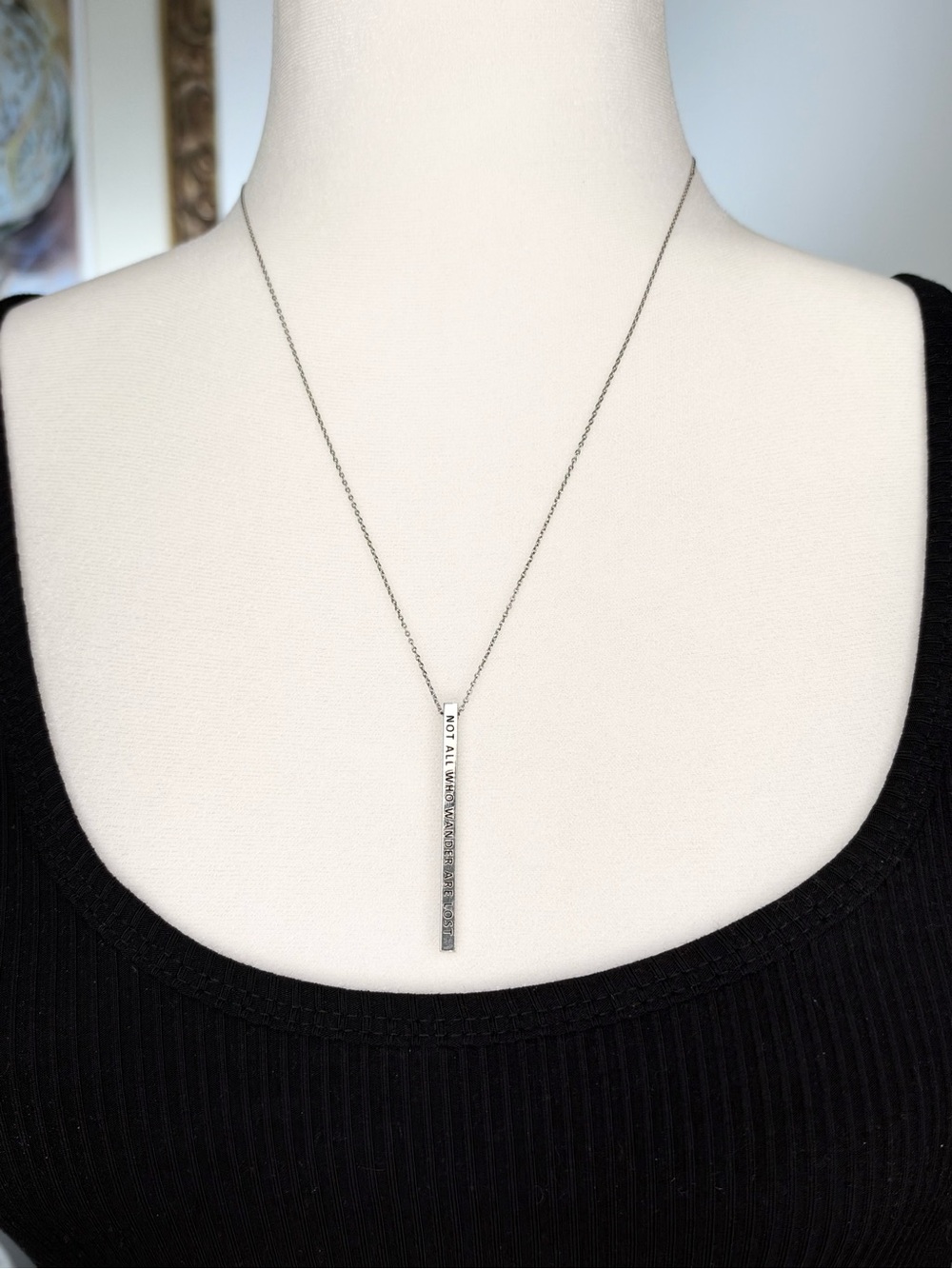 Not All Who Wander Are Lost Necklace Silver Tone Bar Pendant Boho 16-20”